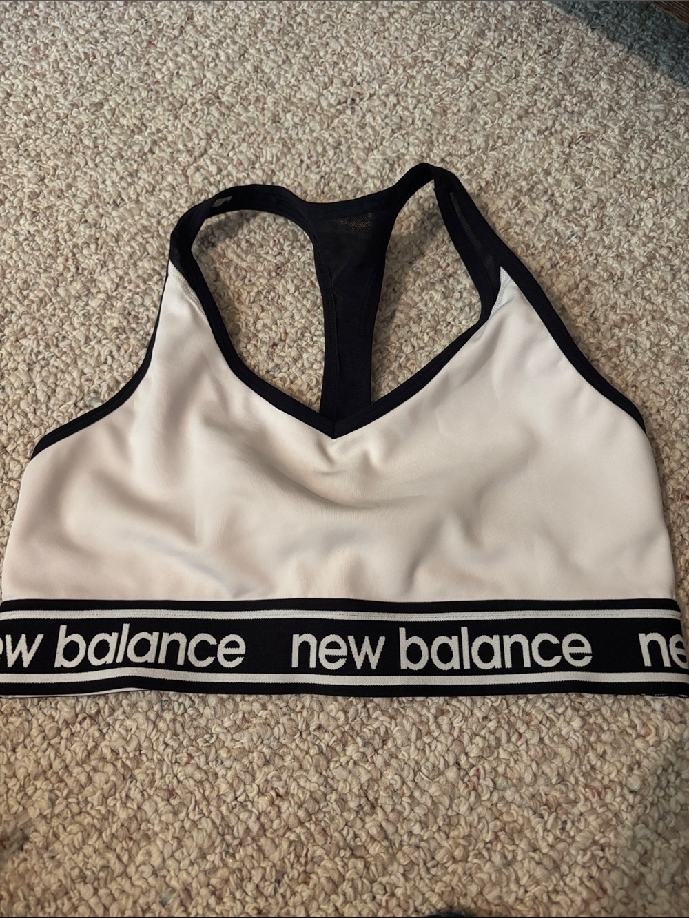 New Balance White Sports Bra with Black Logo Band